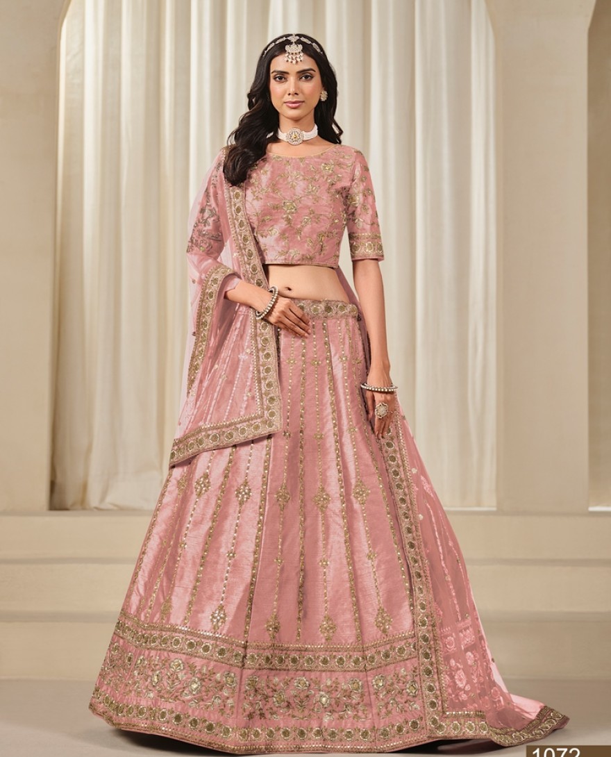 1072-pink - Pink Embroidered Art Silk Lehenga Choli for Wedding